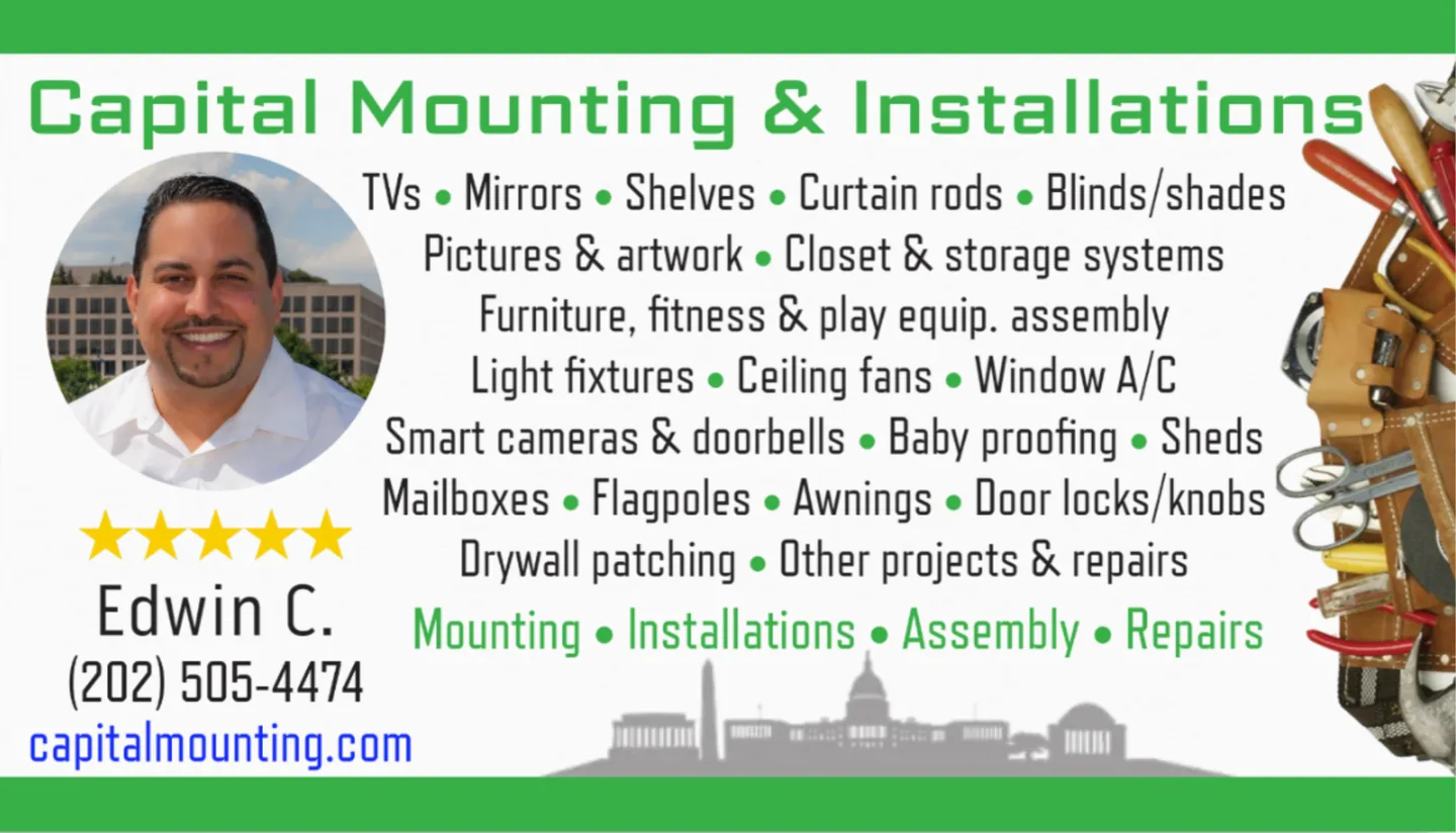 Capital Mounting & Installations card — TVs, mirrors, shelves, curtain rods, blinds, artwork, closets, furniture assembly, light fixtures, ceiling fans, smart devices, baby proofing, drywall patching and more.